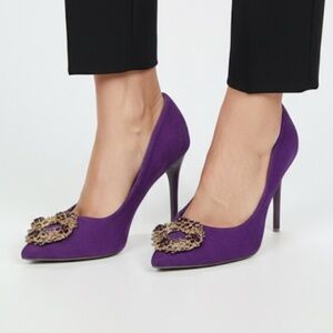 Purple Suede Heels with Gold Embellishment